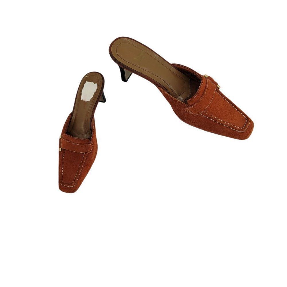Vtg 90's LifeStride Leather Suede Square Toe Loafer Heeled Mules Orange Sz 7